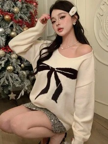 DAZY Autumn White Cute Graphic Date Bow Jacquard Color Block Off Shoulder Pullover Knit Sweater,Loose Casual Fashionable Collegiate Style For Christmas - Beige - View 1