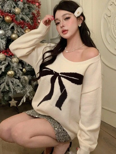 DAZY 秋冬宽松休闲时尚蝴蝶结提花拼色露肩套头针织毛衣，学院风，适合返校、圣诞节、新年