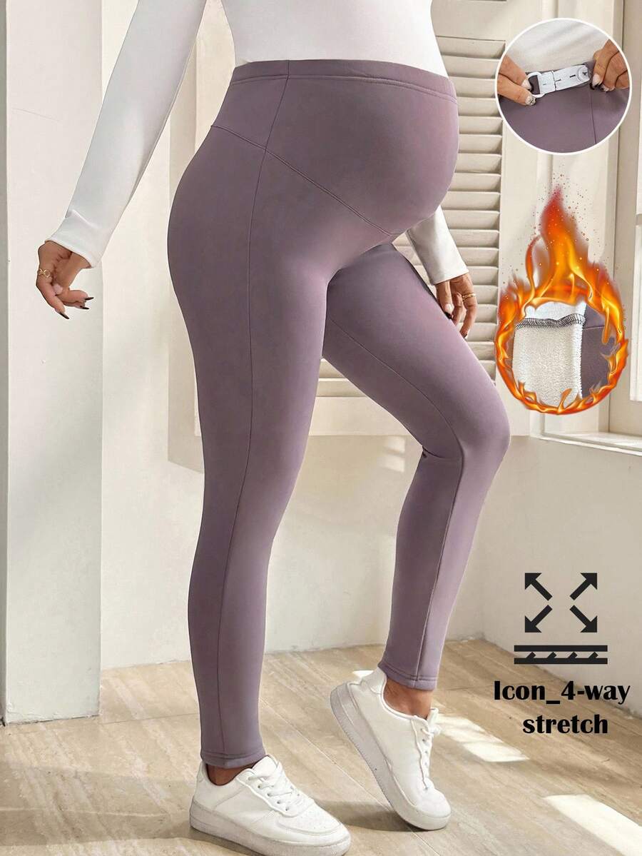 SHEIN Maternity Solid Color Adjustable Waist Casual Leggings Purple Winter Warm - Multicolor - View 1
