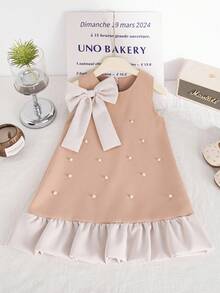 SHEIN Elladie kids 年轻女孩夏季新款仿珍珠蝴蝶结无袖A字褶边下摆法式时尚优雅公主裙 - 卡其色 - 查看 3