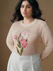 Anewsta Maglione elegante stile francese, ricamato con motivi floreali, collo rotondo, taglie comode, adatto per autunno/inverno - Bianco - Visualizzare 5