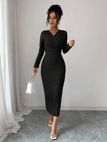 Selianne 女士优雅时尚通勤休闲舒适迷人复古简约高端浪漫假日长袖V领收腰褶皱纯色修身连衣裙 - 黑色 - 查看 6