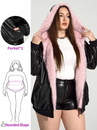 Enliva Plus Size Hooded Loose PU Jacket Coat, Contrast Faux Fur Patchwork, Pocket Detail, Outerwear Winter Fall Autumn/Autumn /Winter