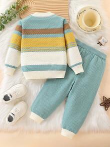 2 件套男童条纹针织毛衣和配套裤子，秋冬休闲舒适装，适合日常穿着、居家、户外、旅行、上学