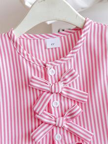 SHEIN 年轻女孩粉色条纹蝴蝶结衬衫和喇叭腿牛仔裤套装 - 粉色 - 查看 3