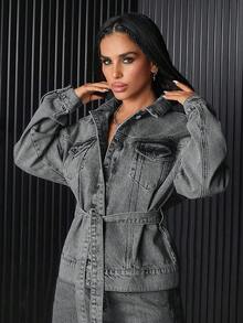 EURMUSE Flap Pocket Button Front Denim Jacket - Grey - View 7