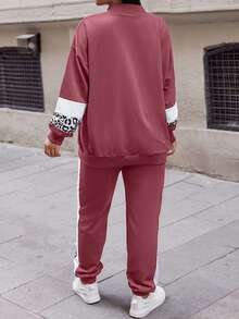 EURMUSE Cotton Plus Leopard Print Colorblock Drop Shoulder Sweatshirt & Sweatpants - Violet Purple - View 2