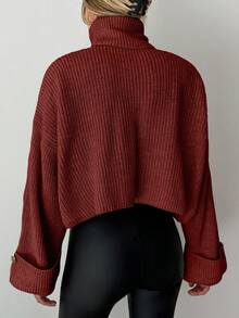 EURMUSE 女式休闲纯色高领短款毛衣，秋冬 - 紅木色 - 查看 2