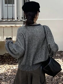 DAZY Áo len chui đầu kẻ sọc nhiều màu dáng rộng thoải mái cho nữ, phù hợp mặc công sở mùa thu đông - màu đen - Xem 7