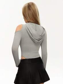 Rina Fox 蝴蝶印花露肩连帽紧身衣 - 灰色 - 查看 3