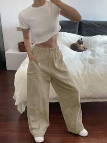 Livesso Solid Color Elastic Waist Patchwork Straight Leg Pants Fall