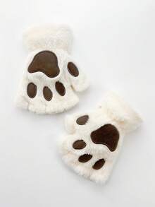 ROMWE Kawaii 1 双毛绒猫爪露指手套，适合日常佩戴