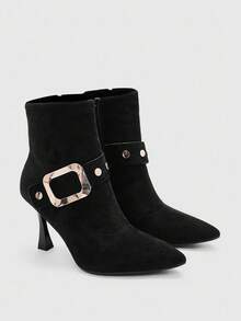 CUCCOO BIZCHIC Women's Black Buckle Design Fashion Mid-Calf High Heel Boots - Black - View 7