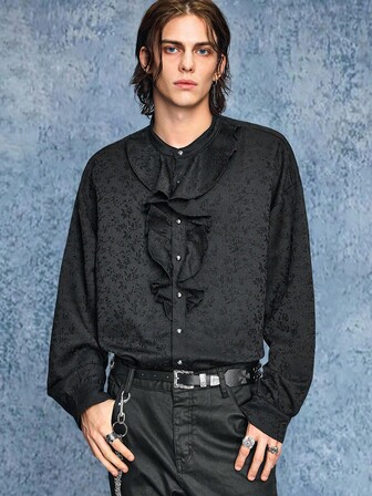 Street Life Camisa elegante de manga larga con botones y volantes en la parte delantera, de unicolor para hombres