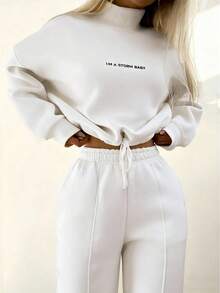 INAWLY Conjunto informal de 2 piezas de sudadera con cuello alto y estampado de lema, y pantalón de chándal, para otoño - Blanco - Ver 3