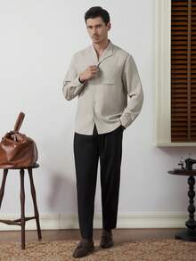 Core Aspect Men Solid Color Long Sleeve Single-Breasted Casual/Work Shirt With Pockets, Fall - Khaki - View 6