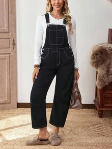 EMERY ROSE Women's Loose Fit Pocket Denim Overalls - Black - View 6