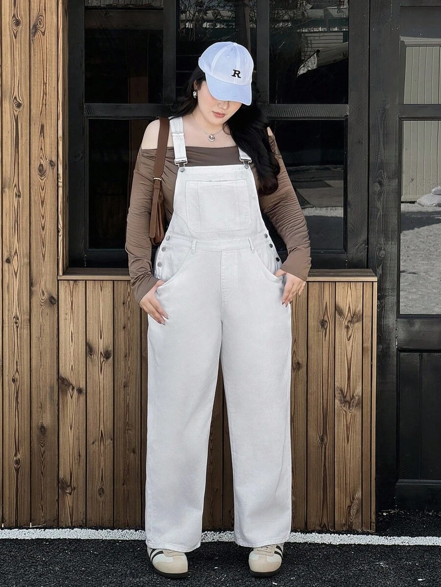 Rivivi Quần yếm denim ống đứng dáng rộng thoải mái cỡ lớn có túi xéo - trắng - Xem 1