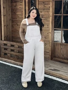 Rivivi Quần yếm denim ống đứng dáng rộng thoải mái cỡ lớn có túi xéo - trắng - Xem 3