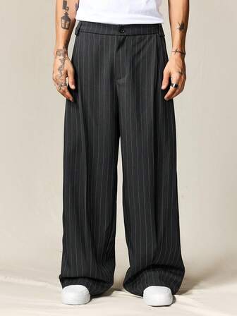 Street Life بنطلون بدلة رجالي كاجوال فضفاض واسع الساق مطبوع بخطوط، مناسب للاستخدام اليومي والعمل والتنقل، موسم الخريف