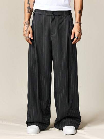 ROMWE MEN Casual 男士休闲条纹印花宽松阔腿西装裤，适合日常、职场和通勤，秋季