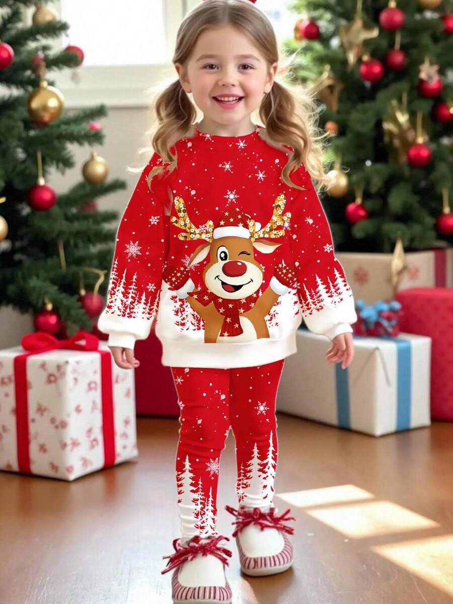 SHEIN Conjunto de 2 peças de moletom e leggings com estampa de rena e floco de neve em gradiente, estampa de árvore de Natal, gola redonda, manga comprida, casual para meninas, adequado para uso diário de outono/inverno, festa de Natal, estilo de rua, casa - Multicolorido - Ver 1