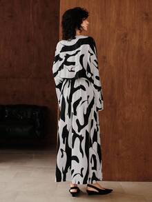 Uhlyne minimalistisches Kleid mit V-Ausschnitt und Langarm, französisches elegantes Kleid mit Blume Muster und Fledermausärmeln, vintage weites fließendes Maxikleid, Damen Lässig Langarmkleid - Schwarz und Weiss - Übersicht 2