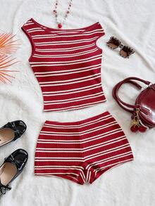 SHEIN x Eduarda Gutierrez Soleia 2 件套女士度假装：红白条纹针织不对称肩部修身上衣和超低腰紧身短裤，适合派对、圣诞节、情人节、约会、海滩、游轮、狂欢节、复活节、中国新年、春夏季 - 紅白色 - 查看 3