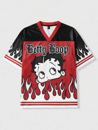 Betty Boop | ROMWE T-shirt à manches courtes col V pour hommes, style décontracté avec blocs de couleurs, motifs de flammes et de personnages de bandes dessinées, pour l'été