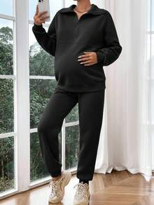 SHEIN 2 Stücke Umstandsmode Lässig einfarbiger Halb-Reißverschluss Stillpullover und Jogginghose Set, vielseitig für den täglichen Weg zur Arbeit - Schwarz - Übersicht 3