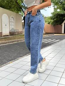 SHEIN PETITE 女士休闲修身锥形七分牛仔裤，蓝色低腰宽松牛仔裤，喇叭裤型女式牛仔裤，娇小款女式牛仔裤 - 中等水洗藍 - 查看 6