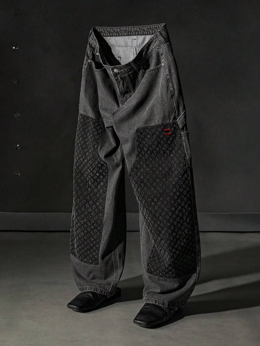 NEON BLANC Men's Loose Fit Pocketed Wide Leg Casual Jeans - Black - View 1