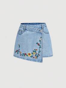 SHEIN MOD 女式花卉刺绣不对称下摆休闲牛仔裙 - 藍色 - 查看 1