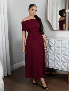 Melissa Matos Đầm dài chữ A lưng cao hở vai thanh lịch tối giản tinh tế lãng mạn thời trang dự tiệc đi làm đi chơi nghỉ dưỡng, váy dài màu xám - Màu Đỏ Sâu - Xem 4