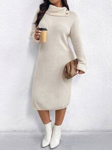 EMERY ROSE Vestido de punto casual con abertura lateral para mujer de talla grande y unicolor - Albaricoque - Ver 4
