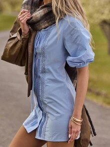 Aralina 女式复古 Y2K 秋冬扇形领口褶皱前部 3/4 袖迷你连衣裙，非常适合外出装、万圣节装、约会夜装和办公室装 - 淺藍色 - 查看 3