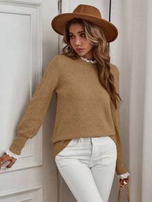 EMERY ROSE Women's Casual Lace Trim Round Neck Long Sleeve Sweater, Autumn/Winter - Khaki - View 3