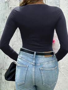 INAWLY Damen Bodysuit mit enganliegender Passform, unifarbig, Rundhalsausschnitt, Langarm