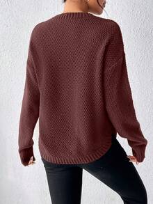 Women's Solid Color Round Neck Drop Shoulder Long Sleeve Casual Pullover Sweater, Autumn/Winter - Coffee Brown - View 2