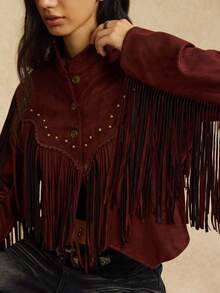 Easelle 女式时尚复古流苏装饰夹克 - 咖啡棕 - 查看 7