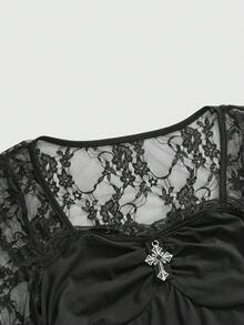 ROMWE Váy chữ A cổ vuông tay loe phối ren chéo Gothic dành cho nữ dịp Giáng sinh - màu đen - Xem 3