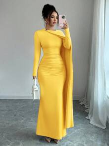 Elenzga Váy dự tiệc sinh nhật màu xanh da trời thanh lịch mùa hè mới, váy dài xếp ly eo đa năng dành cho nữ - Màu vàng - Xem 7