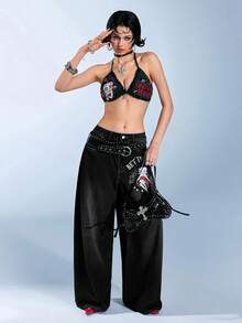 Betty Boop | ROMWE Quần jean ống đứng dáng rộng siêu dài Y2K thêu họa tiết thánh giá và hoa hồng Gothic màu bạc - màu đen - Xem 6