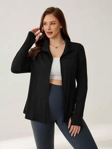 Auralis Athleisure Plus Size Women Reflective Polka Dot Print Long Sleeve Zipper Winter Jacket With Thumb Holes, Tracksuit, Jersey Shirt, Women's Sportswear For Fall/Winter - Black - View 2