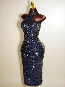 Mistrie Women's Navy Blue Sleeveless Halter-Neck Strapless Knitted Long Dress,Summer 70s Night Out Club Party Glittering Fitted Elegant Luxury Event Gown - Purple - View 6
