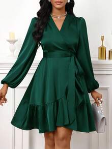 SHEIN Lady Women's Solid Color Crossed V-Neck Lantern Sleeve Ruffle Hem Elegant Short Dress - Black - View 5