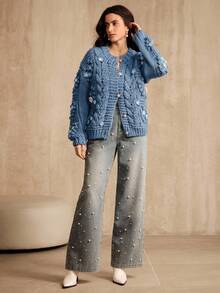 Anewsta 秋冬新款手工纹理钩针针织开衫女款 - 藍色 - 查看 6