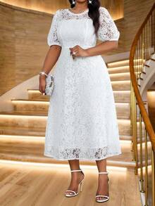 Fleurora 春夏优雅通勤办公室派对情人节鸡尾酒会演唱会/音乐节白色针织蕾丝圆领喇叭泡泡袖荷叶边领中长短袖大码连衣裙大码女式圆领泡泡袖蕾丝优雅连衣裙女士连衣裙优雅优雅女士连衣裙白色连衣裙优雅优雅的新娘母亲婚礼礼服女士优雅服装优雅连衣裙优雅连衣裙 - 白色 - 查看 4