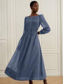 Aveloria Rosie Váy dự tiệc trà cổ điển lãng mạn mới, thiết kế rộng rãi, tôn dáng, váy suông tay bồng vải lanh mỏng xếp nếp trễ vai thanh lịch cho mùa hè - Màu xanh lam - Xem 7