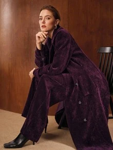 MOTF PREMIUM Áo khoác nhung kẻ hai hàng khuy, thắt lưng, thu/đông - Màu tím - Xem 6